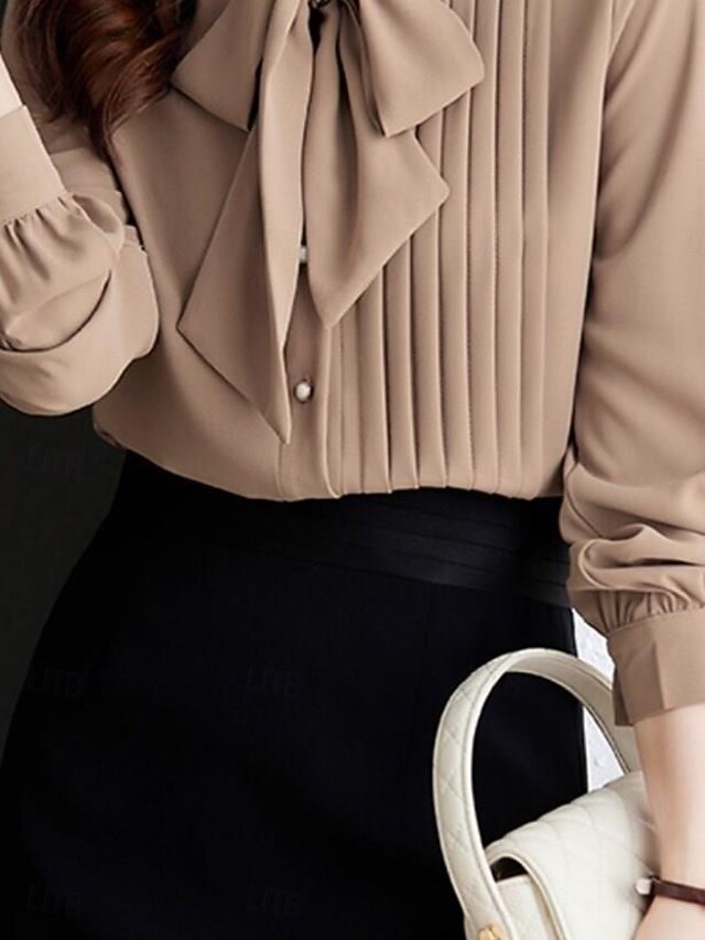 Women's Shirt Blouse Chiffon Tops Pleated Buttons Plain