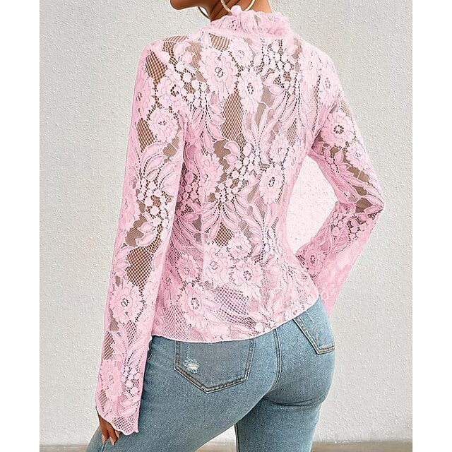Women's Lace Solid Color Plain Stylish Long Sleeve Causal