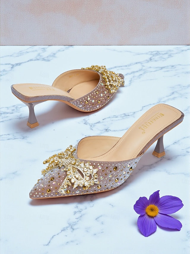 Pointed Toe Mules Slip-On Rhinestone Women's - Glitter