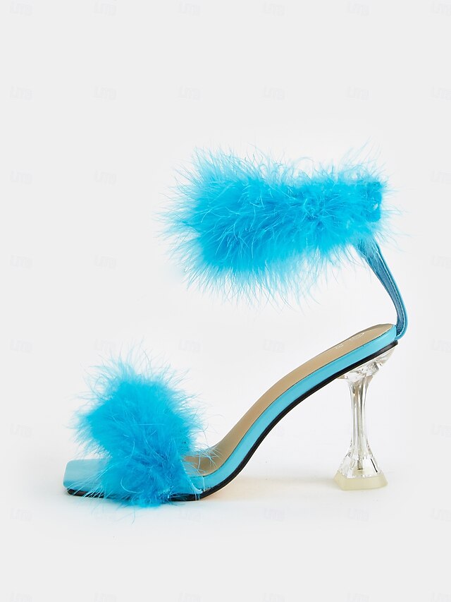 Clear Heel High Feather-Embellished Sandals with Turquoise