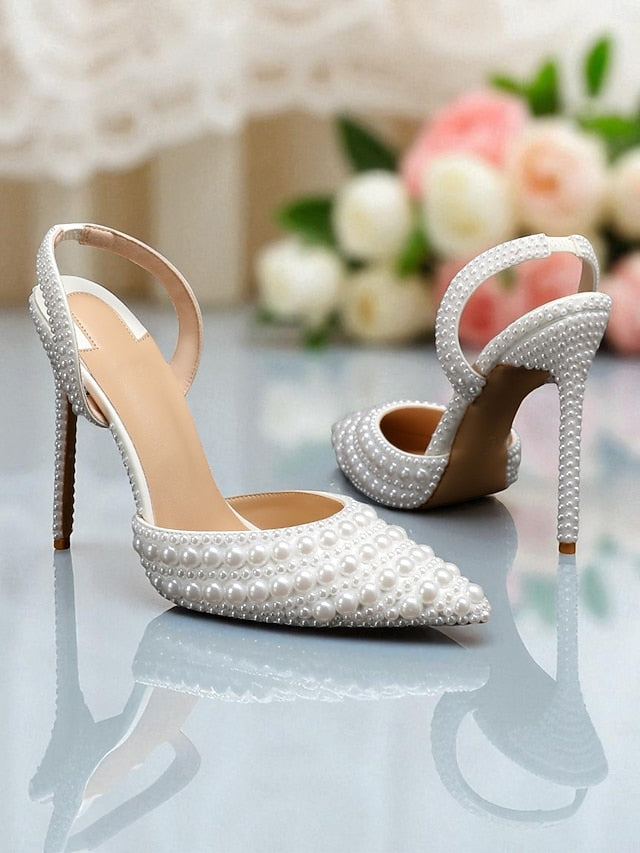 Women's - Heels Pearl-Embellished Slingback White Leather