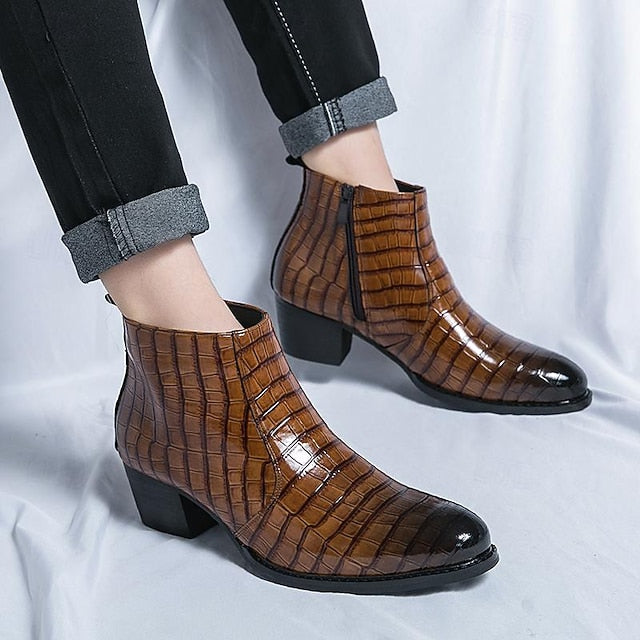 Boots Pattern Brown Men's - Ankle Faux Leather Crocodile