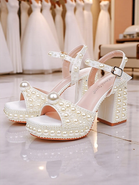 Embellished Pearl Sandals Platform Block Women's White Heel