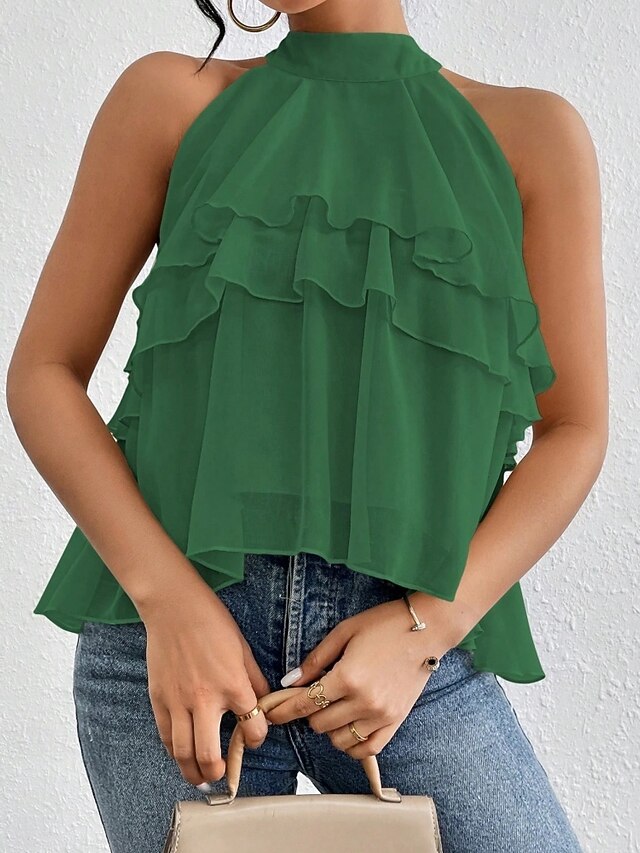 Women's Tank Top Tee Top Ruffle Solid Color Elegant Fashion