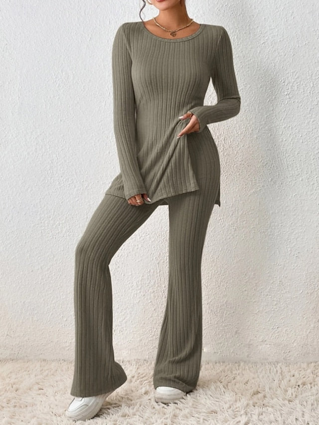 Women's Two Piece Sets Pants Sets Long Sleeve Round Neck