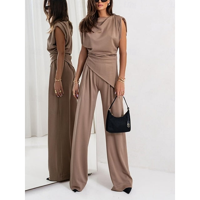 Women's Pants Sets Bolero Top Sleeveless Crew Neck Solid