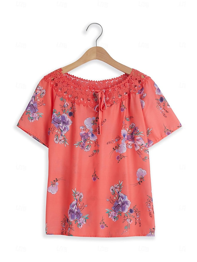 Women's White Elegant Lace Tops Eyelet Blouse Basic Floral
