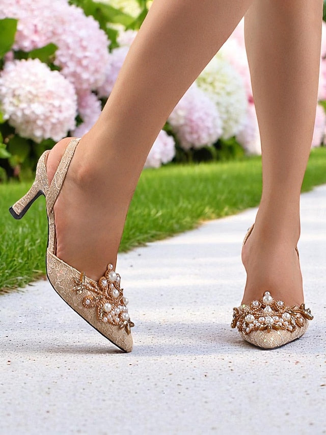 Heels Women's Satin Pearl Black with - Detailing Slingback