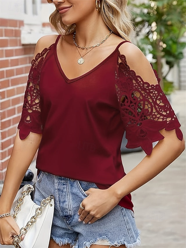 Women's Cold Shoulder Tops Lace Splicing Top Lace Cut Out