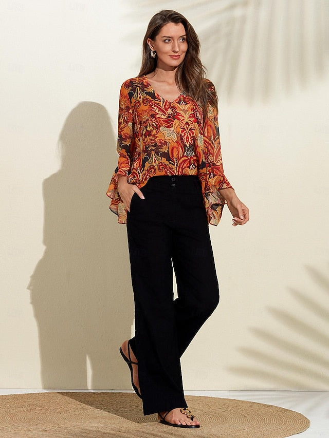 Women's Paisley Print Chiffon Peasant Top Lantern Sleeve