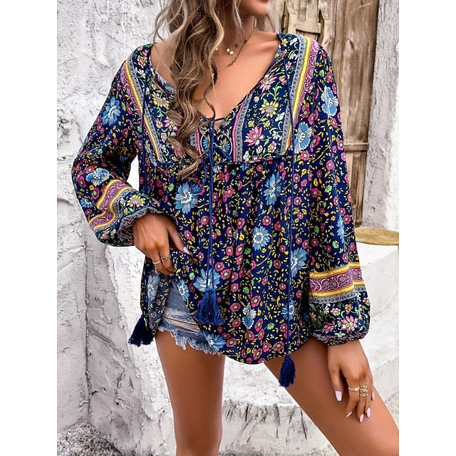 Women's Shirt Blouse Lace up Print Floral Bohemia Ethnic