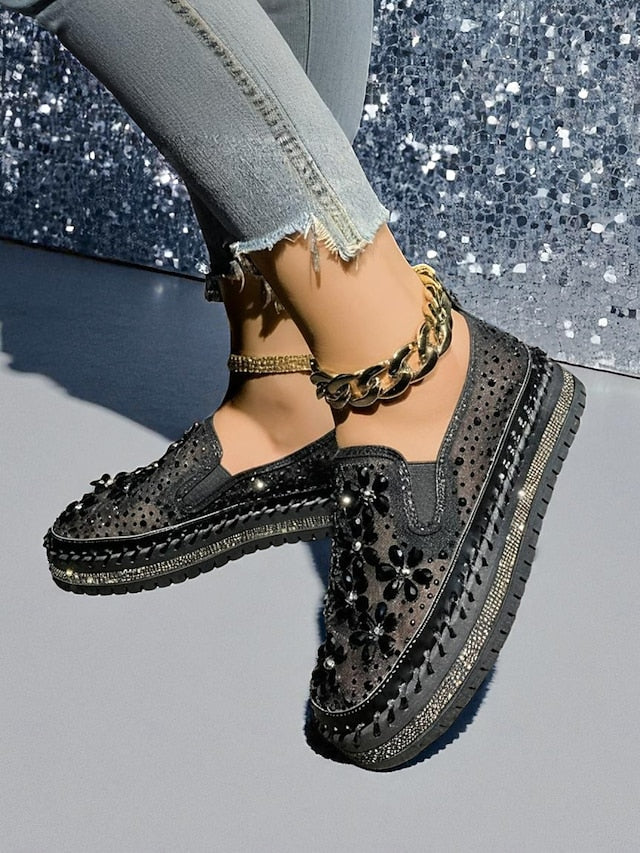Rhinestone Sneakers with Mesh Women's Embellished Slip-On
