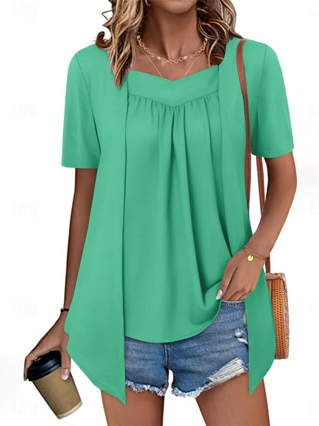 Women's T Shirt Tee Top Ruched Fake two piece Plain Fashion