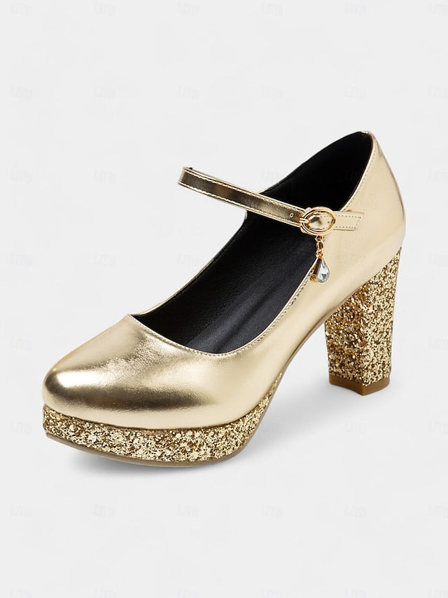 Women's Gold Sparkly Heel Pumps Jane Block Mary – Glitter