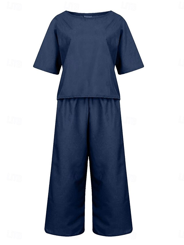 Women's Pants Sets Faux Cotton Linen Short Sleeve Plain