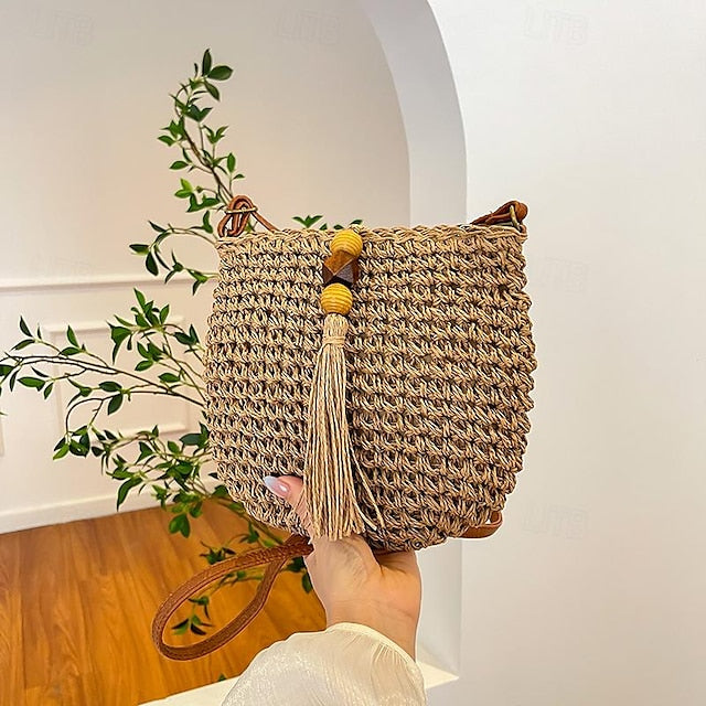 Straw Boho Handbag Women's Tassel Bag Woven – Crossbody