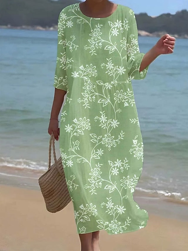 Women's Maxi Dress Kaftan 3/4 Length Sleeve Crew Neck