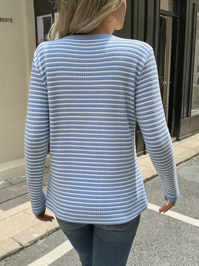 Women's Striped Knit Tops Tee Buttons Stylish Classic
