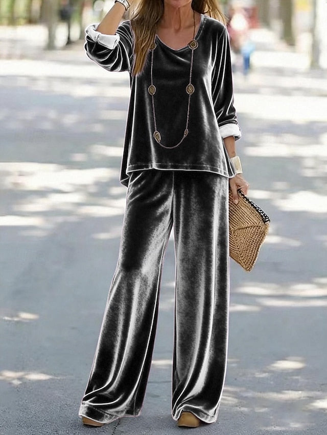 Women's Pants Sets Long Sleeve V Neck Solid Color Fashion