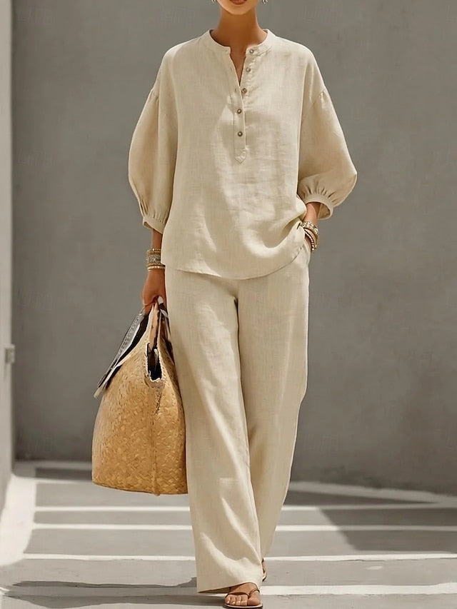 Women's Pants Sets 3/4 Length Sleeve Crew Neck Solid Color