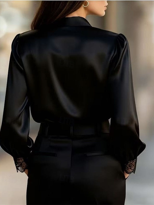 Women's Shirt Elegant Satin Top Blouse Ruched Lace