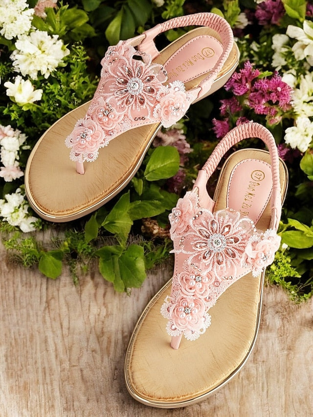 Women's Embellished T-Strap Sandals Floral Pink – Lace