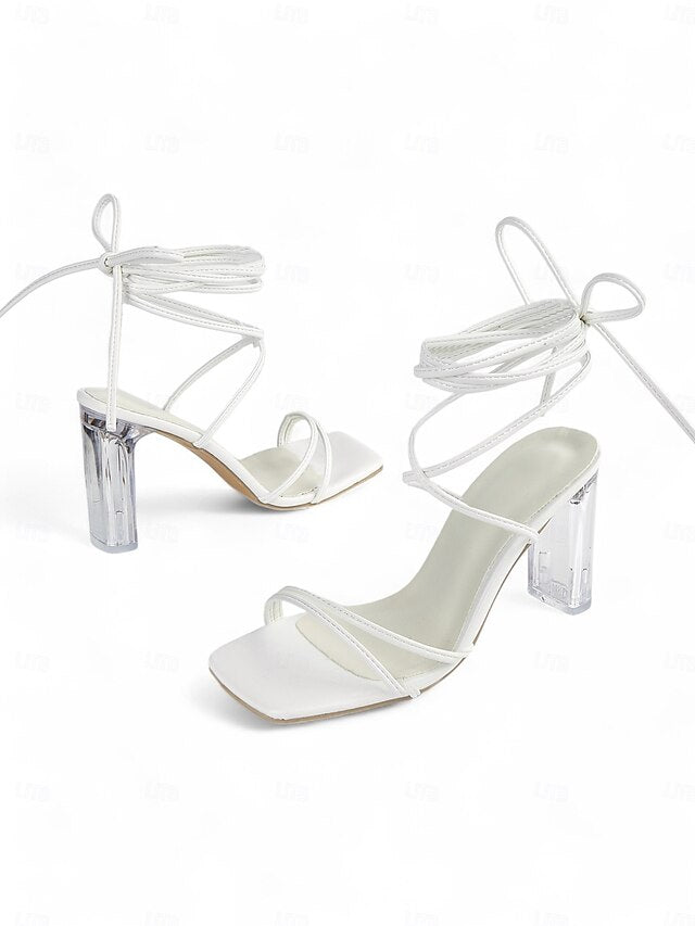 with Women's Clear Heel White Block Heels Lace-Up Strappy