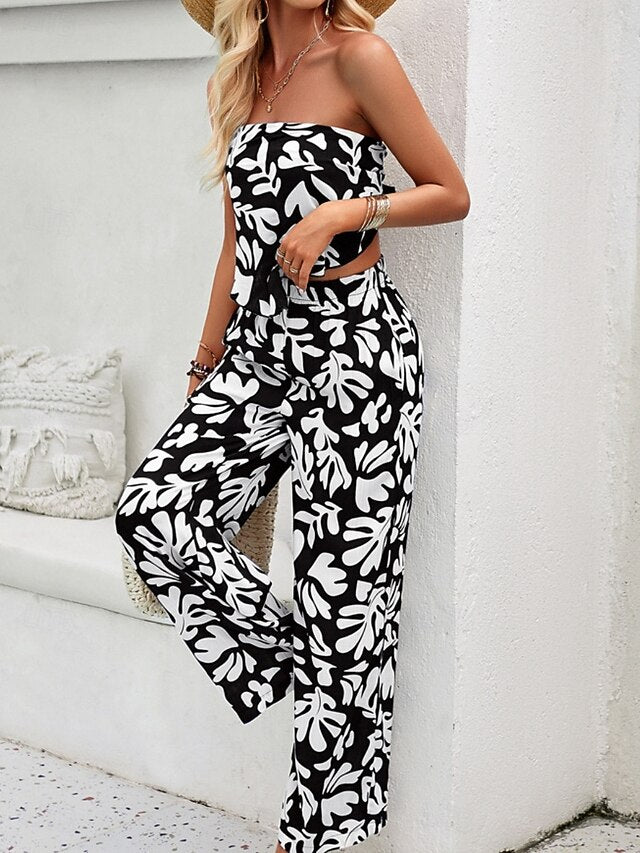 Women's Tube Top Wide Leg Pants Sleeveless Graphic Print