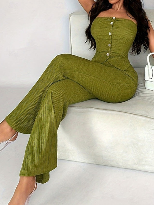Women's Tube Top Pants Sets Sleeveless Solid Color Ruched
