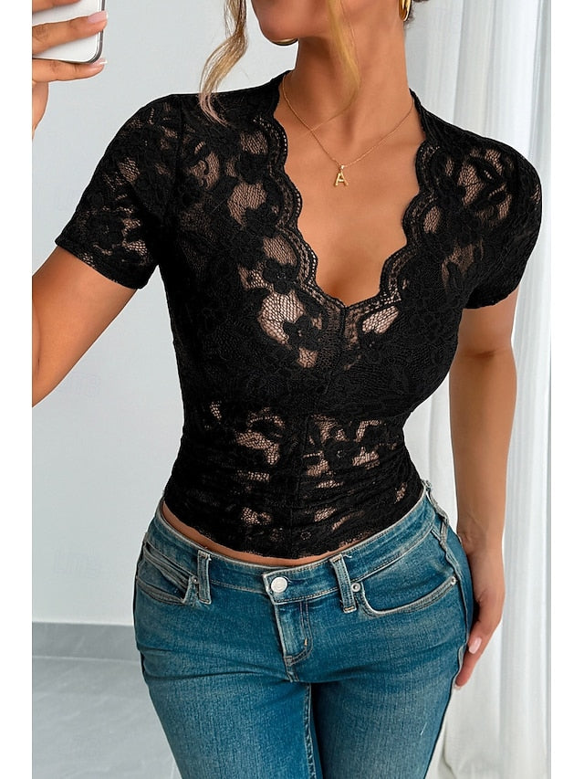 Women's Blouse Lace Tops Lace Plain Stylish Modern Short