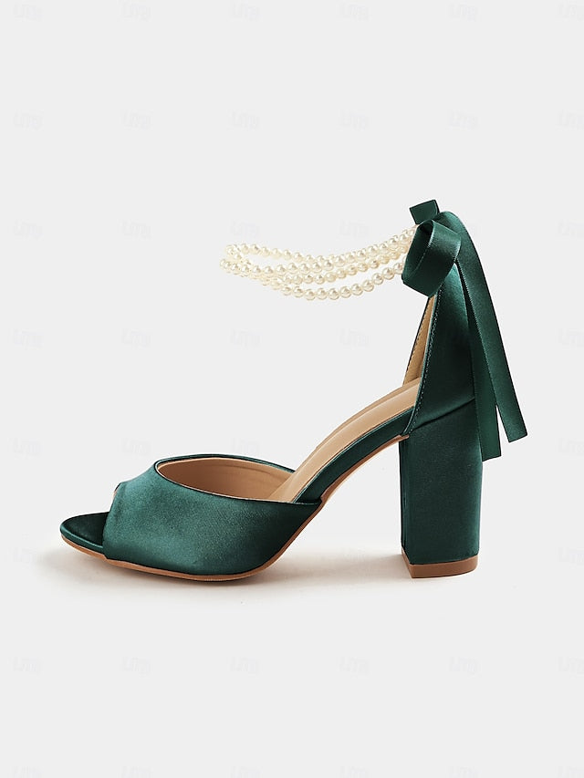 Heel Ankle Block with Women's Peep-Toe Pearl Satin Sandals