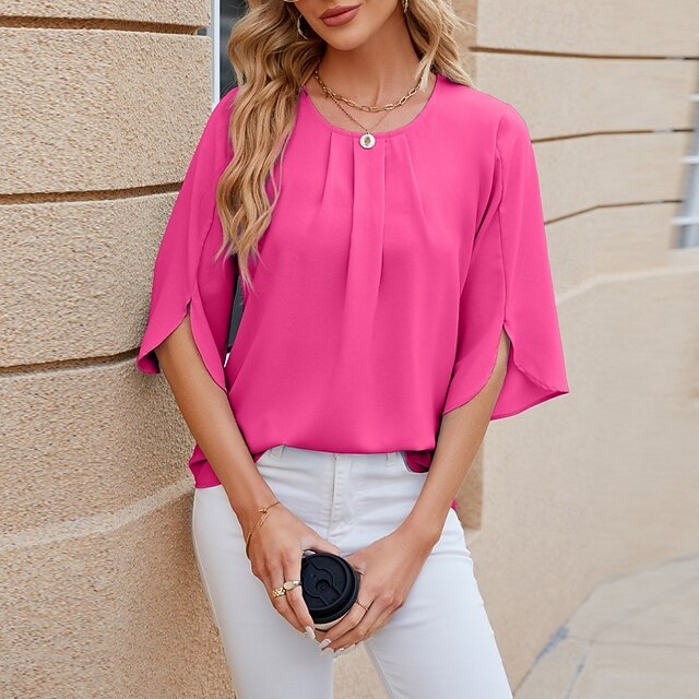 Women's Shirt Blouse Chiffon Tops Ruched Plain Stylish