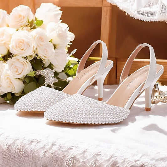 Slingback White with Embellishments Heels – Women's Pearl
