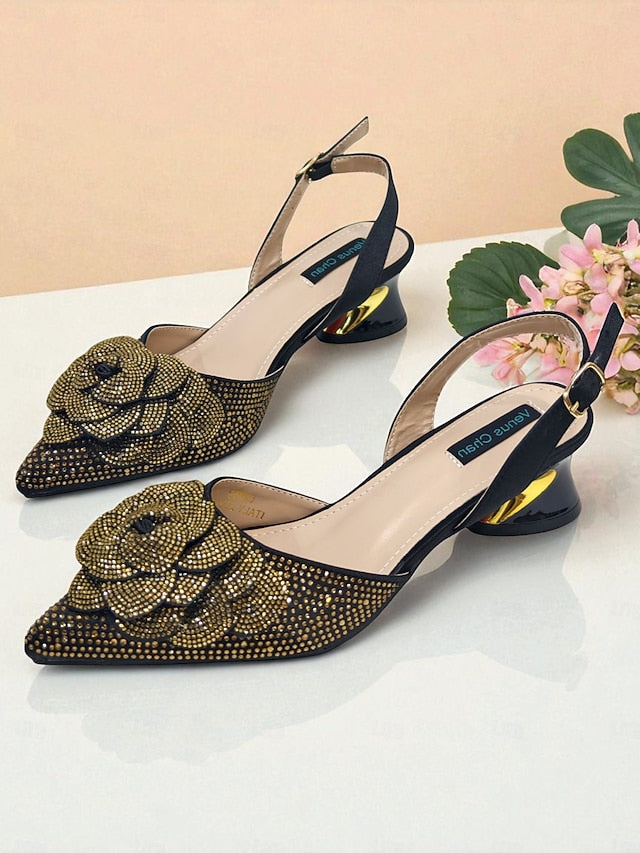 with Women's Gold Matching Pumps Slingback Rhinestone