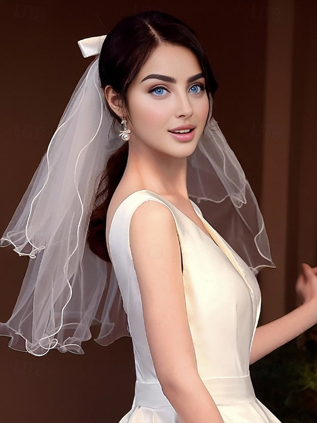 Elegant Satin - Bridal Ivory Ribbon Tulle Veil with and Soft
