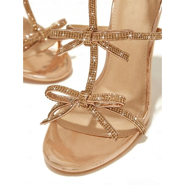 Sandals Gold – Strappy Women's Bow Knot Sparkly Stiletto