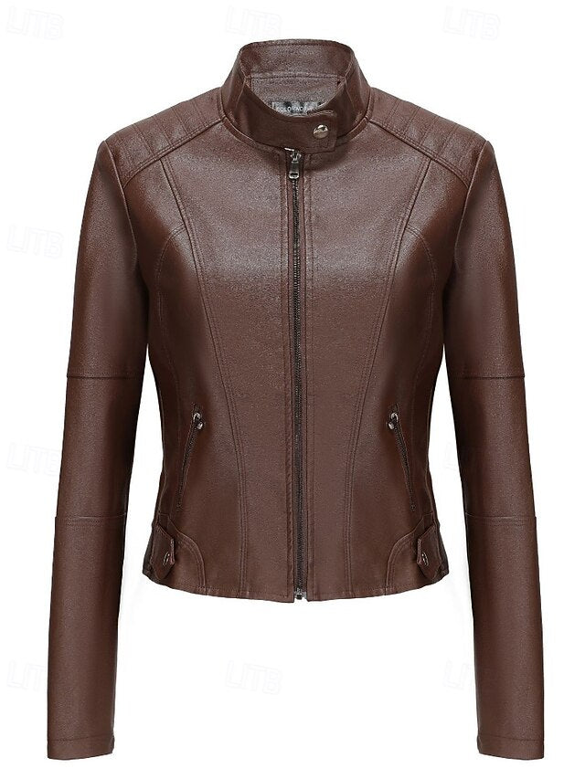 Faux Pocket Leather Comfortable Women's Zipper Jacket