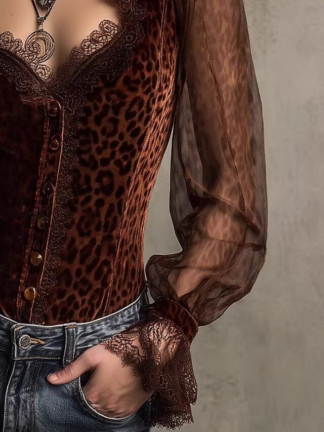 Women's Shirt Blouse Lace Tops Mesh Leopard Elegant Vintage