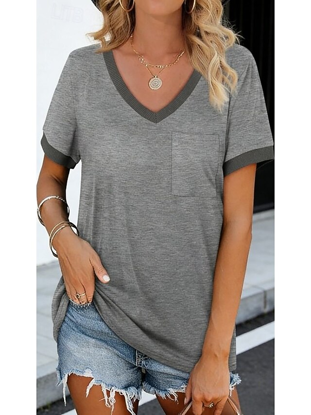Women's T Shirt Patchwork Pocket Color Block Solid Color
