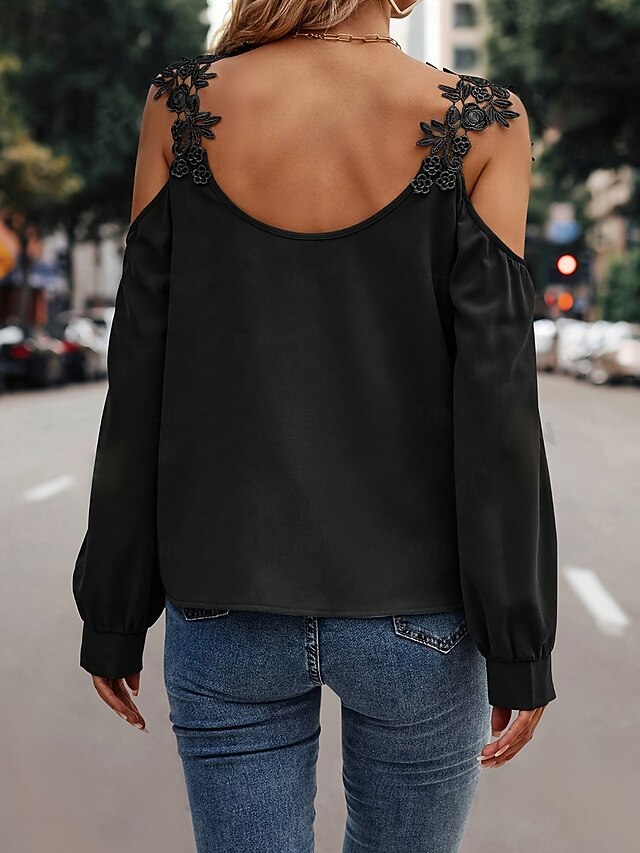 Women's Cold Shoulder Tops Patchwork Embroidered Floral