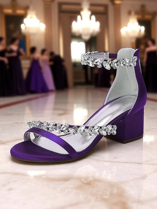 Crystal Sandals - Women's Heel Purple Block Satin