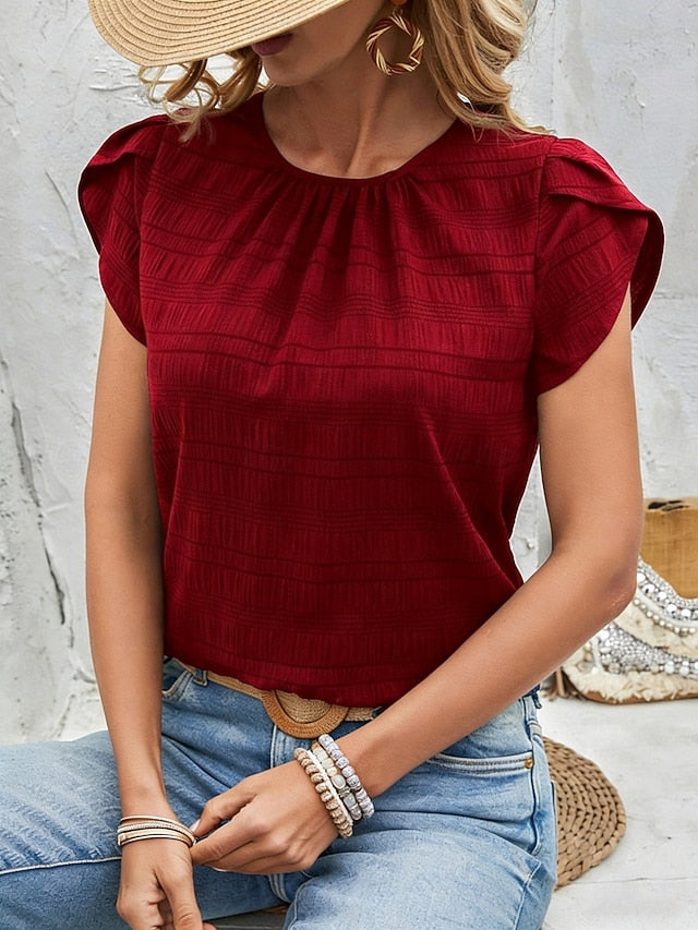 Women's Blouse Solid Color Stylish Casual Short Sleeve Crew