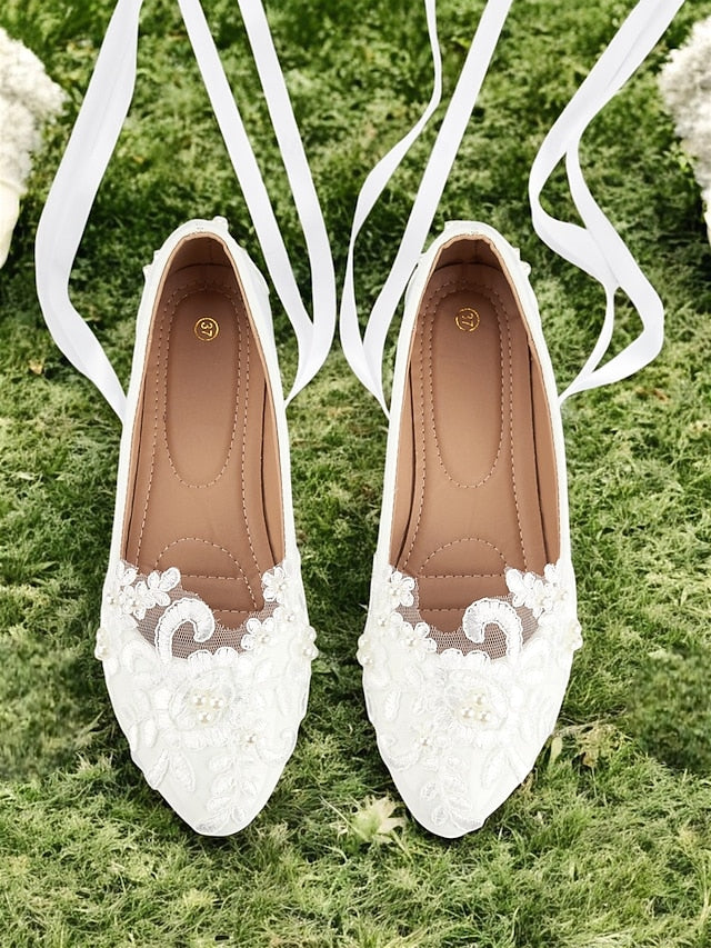 Ties Shoes Ribbon Flats Wedding Elegant - Lace Bridal with White