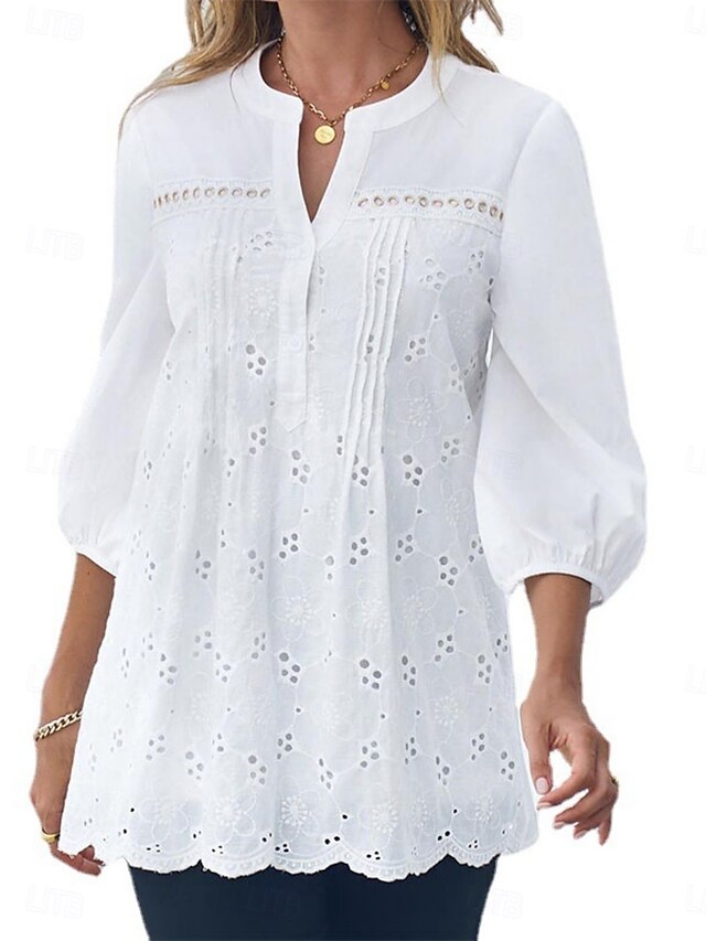 Women's Popover Shirt Casual Shirt Blouse Eyelet Solid