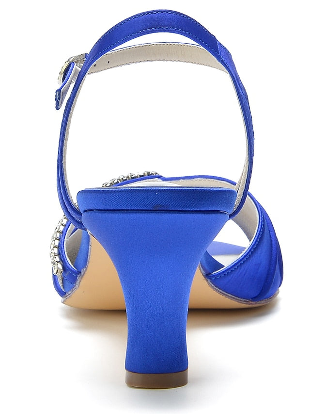 Navy Satin Blue Heeled Sandals Rhinestone – Women's