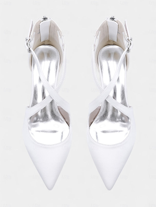 - Pointed Toe Women's Satin Elegant Ivory Block Heels