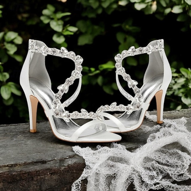 with Heel Pink High Rhinestone Sandals Women's Floral Satin