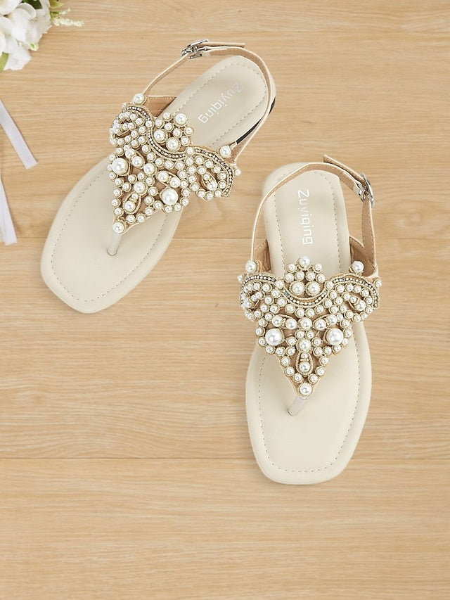 Women's T-Strap Sandals Pearl-Embellished – Flat Elegant