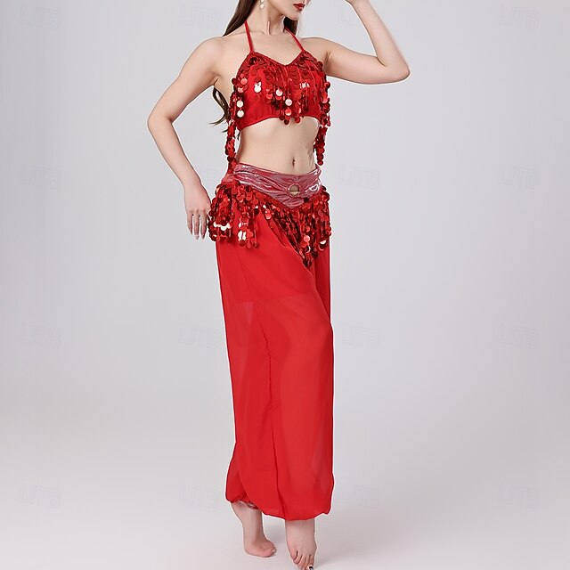 Belly Dance Top Pure Color Splicing Sequins Women's