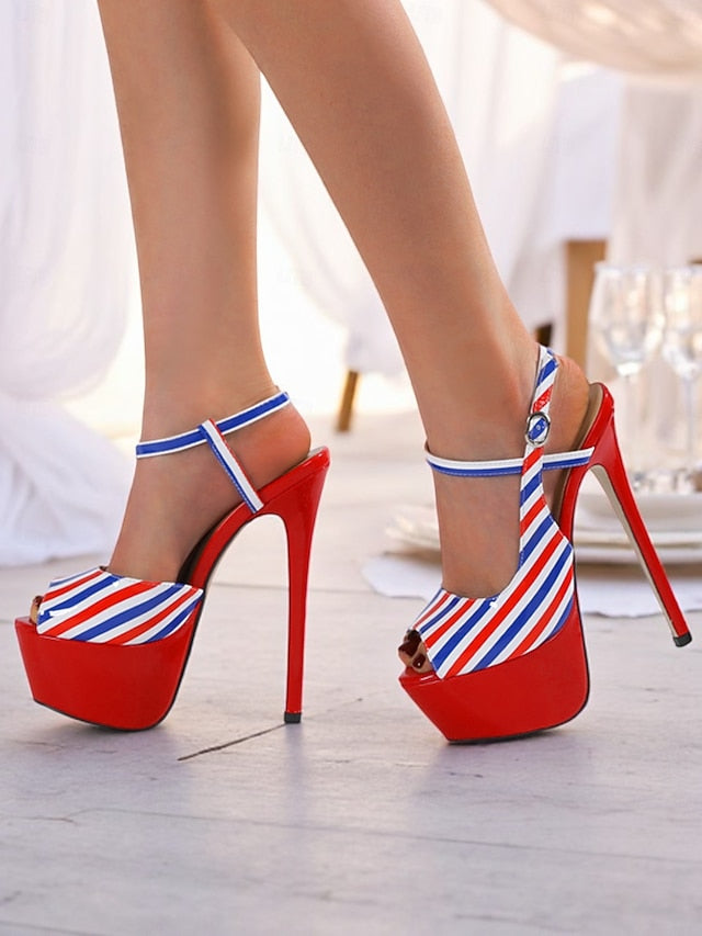 Stiletto Red Platform Heels Women's White and Blue Striped